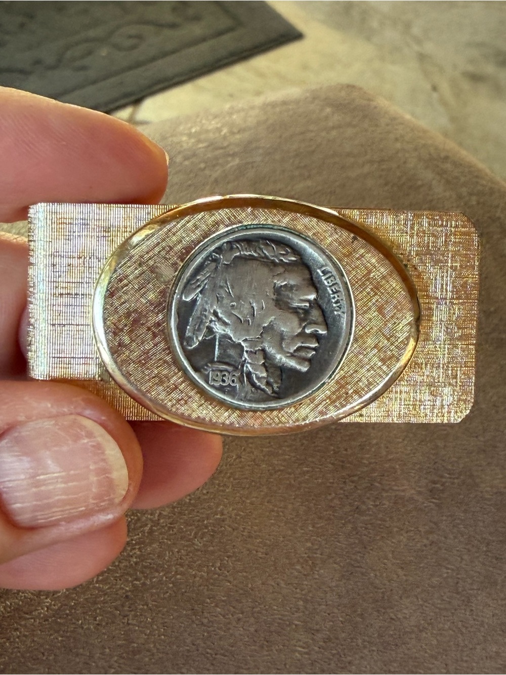 Vintage 1936 Buffalo Nickel Money Clip Gold Tone Textured Coin Mid-century Rare